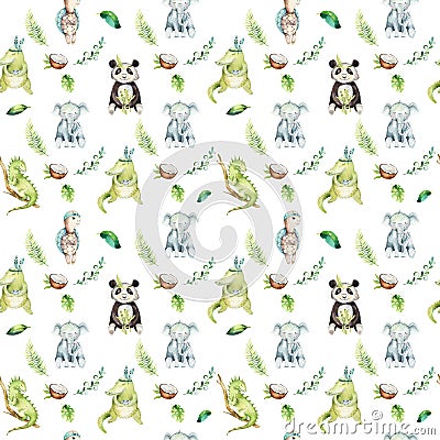 Baby animals nursery isolated seamless pattern. Watercolor boho tropical drawing, child tropical drawing, panda, cute Cartoon Illustration