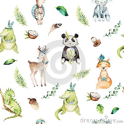 Baby animals nursery isolated seamless pattern. Watercolor boho tropical drawing, child tropical drawing, panda, cute Cartoon Illustration
