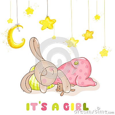 Baby Arrival Card - Sleeping Baby Bunny Vector Illustration