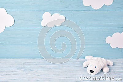 Baby background with white teddy bear and clouds Stock Photo