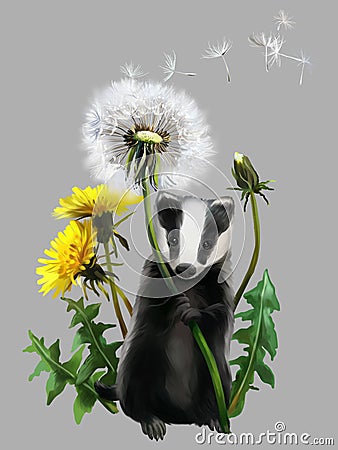 Baby badger and dandelions Cartoon Illustration