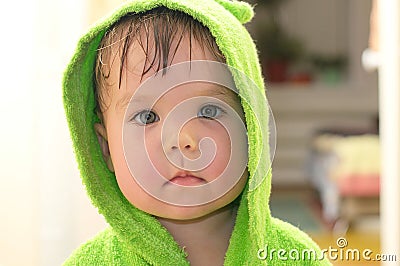 Baby after bath portarit in bathrobe Stock Photo