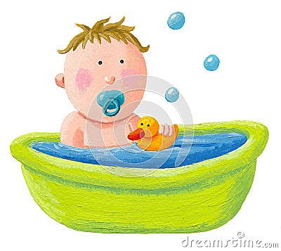 Baby bath with a yellow rubber duck Cartoon Illustration