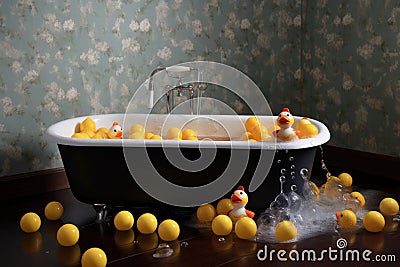 baby bathtub with rubber duckies floating on water Stock Photo