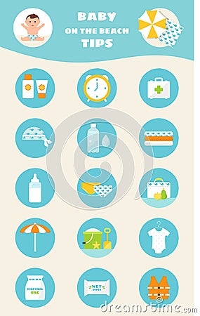 Baby on Beach Tips. Children Sun and Water Safety Rules Vector Infographics Vector Illustration