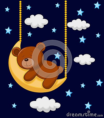 Baby bear cartoon sleeping on the moon Vector Illustration