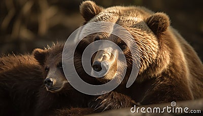 Baby bear cub sitting wet, looking playful generated by AI Stock Photo