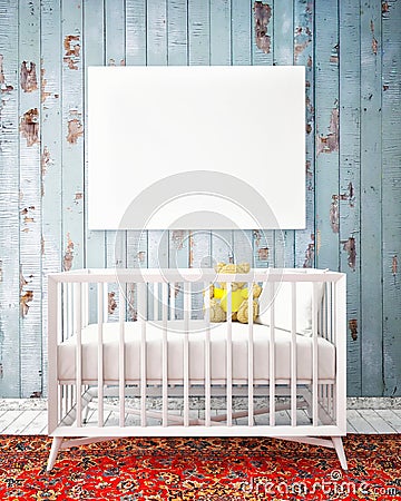 Baby bed with mock up poster, hipster design, Cartoon Illustration