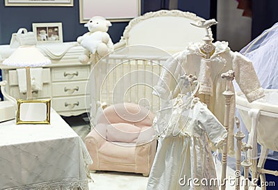 Baby bedroom with white teddy bear Stock Photo