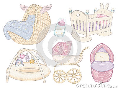 Baby beds and sleep, super set. baby carriage, kids bed, sleeping cocoon, envelope, pram, basket, cot Cartoon Illustration