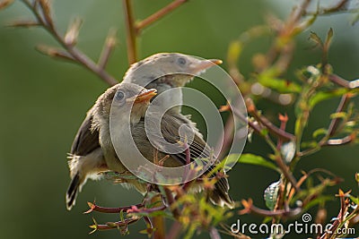 Little singing birds on tree branch Stock Photo