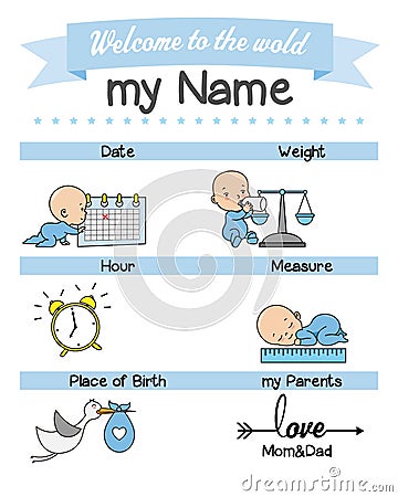 Baby birth print. Baby data template at birth. Vector Illustration