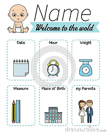 Baby birth print. Baby data template at birth. Vector Illustration