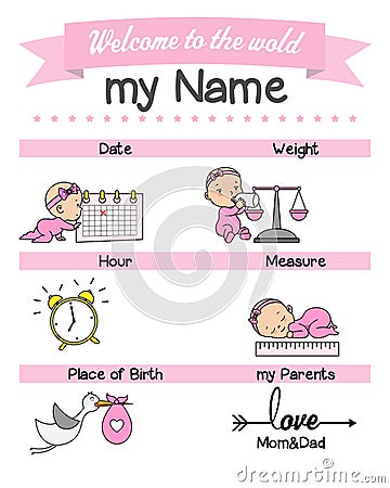 Baby birth print. Baby data template at birth. Vector Illustration