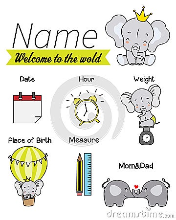 Baby birth print. Baby data template at birth. Vector Illustration