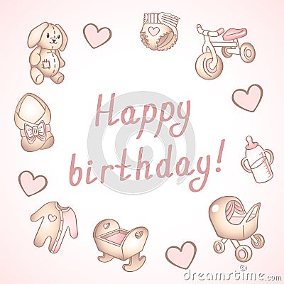 Baby birthday card, shower card, poster, template. Cute vector illustrations. Set of baby toys, feeding and care. Vector Illustration