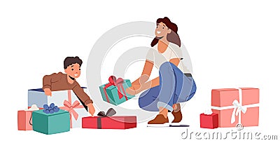 Baby Birthday Celebration. Mother Prepared Gift Surprise for Little Son. Toddler Boy Opening Presents in Room with Boxes Vector Illustration