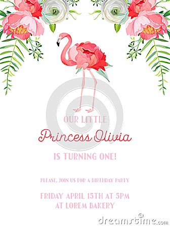 Baby Birthday Invitation Card with Illustration of Beautiful Flamingo and Flowers, arrival announcement, greetings Vector Illustration