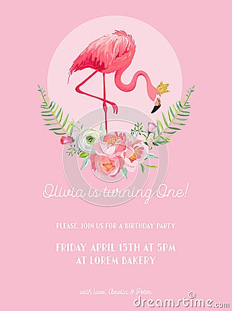 Baby Birthday Invitation Card with Illustration of Beautiful Flamingo and Flowers, arrival announcement, greetings Vector Illustration