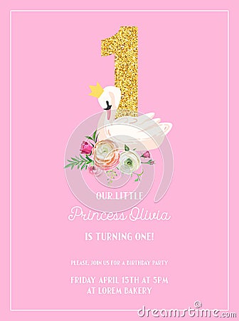 Baby Birthday Invitation Card with Illustration of Beautiful Swan, Flowers and Golden Glitter Number One, arrival Vector Illustration