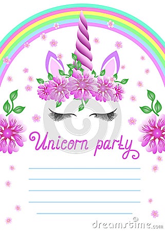 Baby Birthday Party Invitation. Fabulous Unicorn Magical celebration invite. Fairy unicorn princess girl for magic party Vector Illustration