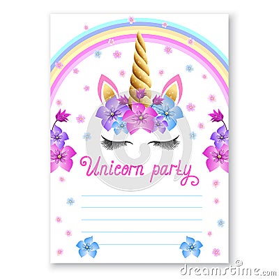 Baby Birthday Party Invitation. Fabulous Unicorn Magical celebration invite. Fairy unicorn princess girl for magic party Vector Illustration