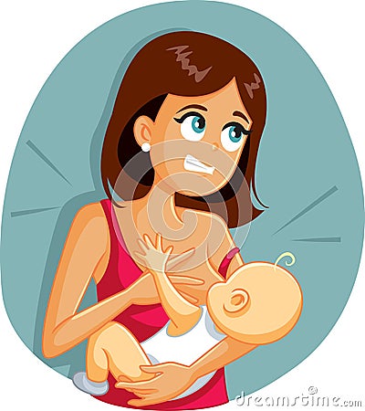 Baby Biting Mom While Breastfeeding Funny Cartoon Illustration Vector Illustration