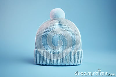 Baby blue knitted warm woolen hat with pompon Stock Photo
