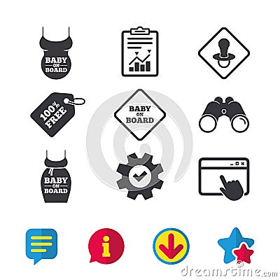 Baby on board icons. Infant caution signs. Vector Illustration