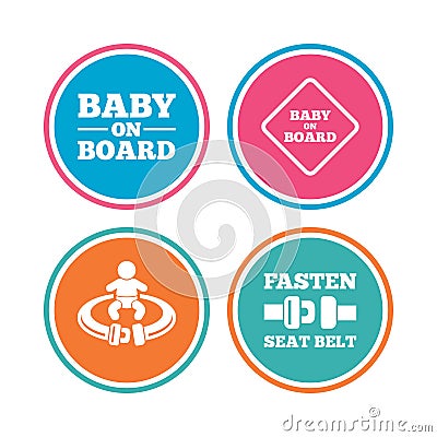 Baby on board icons. Infant caution signs. Vector Illustration