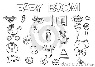 Baby boom elements hand drawn set. Coloring book template. Outline doodle Vector Illustration
