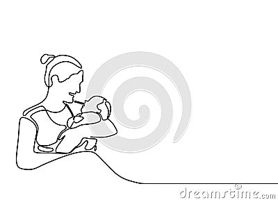 baby born one line drawing minimalist of mother and her son Vector Illustration