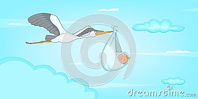 Baby born stork horizontal banner, cartoon style Vector Illustration