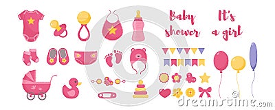 Baby born vector illustration set - various toddler equipment for little girl and decorative elements. Vector Illustration