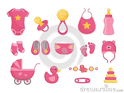 Baby born vector illustration set - various toddler equipment for little girl in flat style. Vector Illustration