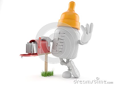 Baby bottle character with mailbox Stock Photo