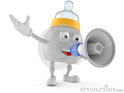 Baby bottle character speaking through a megaphone Stock Photo