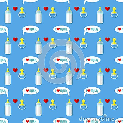 Baby bottle and pacifier seamless pattern Vector Illustration