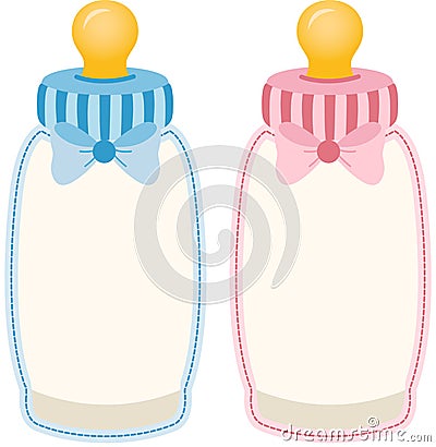 Baby bottle pink and blue tag label Vector Illustration