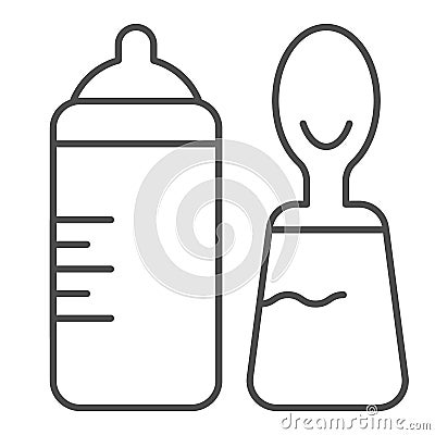 Baby bottle and spoon thin line icon. Bottle with teat and spoon vector illustration isolated on white. Baby nutrition Vector Illustration