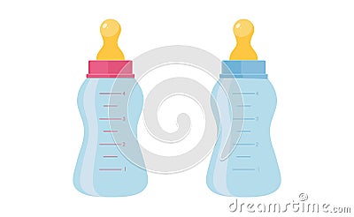 Baby bottle vector illustration set - plastic or glass container with nipple for feeding of newborn in flat style. Vector Illustration