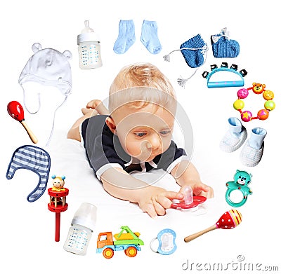 Baby boy and accessories for children in a circle around Stock Photo