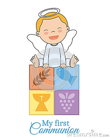 Baby boy angel sitting on religious icons Vector Illustration