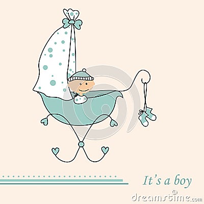 Baby boy arrival announcement retro card Vector Illustration