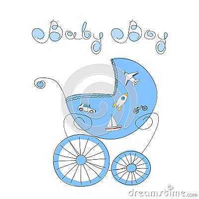 Baby boy arrival card with hand drawn retro styled baby carriage and handwritten words Baby Boy, vector illustration Vector Illustration