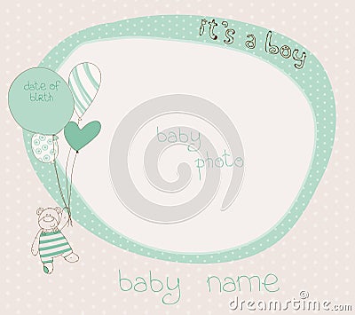 Baby Boy Arrival Card with PhotoFrame Vector Illustration