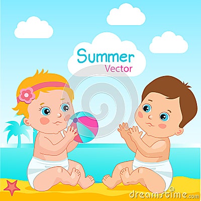 Baby Boy And Baby Girl On The Beach Vector Illustration. Little Baby Play The Ball On The Beach. Vector Illustration