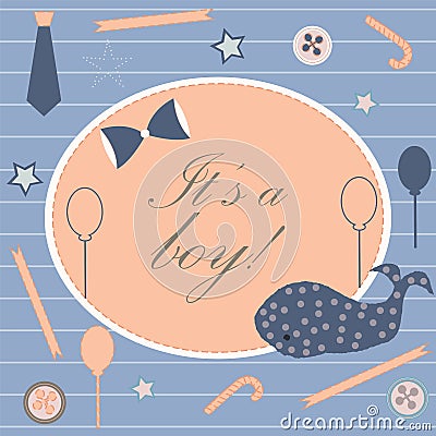Baby Boy Birth announcement. Baby shower invitation card. Cute whale announces the arrival of a boy Stock Photo
