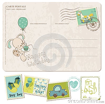 Baby Boy Birthday Postcard with set of stamps Stock Photo