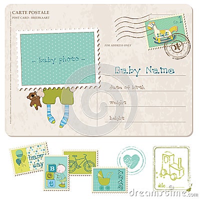 Baby Boy Birthday Postcard with set of stamps Stock Photo